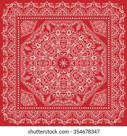 Abstract graphic background, square pattern with Mandala geometric ornament. Bandanna shawl fabric print, silk neck scarf or kerchief design, vector illustration.