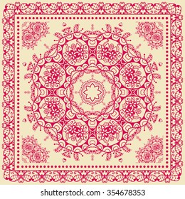 Abstract graphic background, square pattern with Mandala geometric ornament. Bandanna shawl fabric print, silk neck scarf or kerchief design, vector illustration.