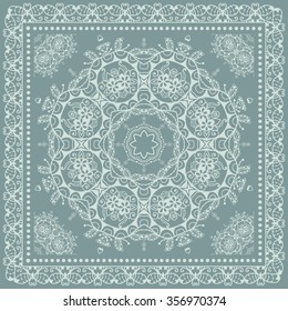 Abstract graphic background, square pattern with Mandala geometric ornament. Bandanna shawl fabric print, silk neck scarf or kerchief design, vector illustration.