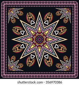 Abstract graphic background, square pattern with Mandala geometric ornament. Bandanna shawl fabric print, silk neck scarf or kerchief design, vector illustration.