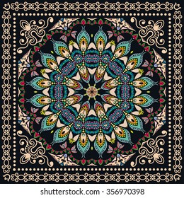 Abstract graphic background, square pattern with Mandala geometric ornament. Bandanna shawl fabric print, silk neck scarf or kerchief design, vector illustration.