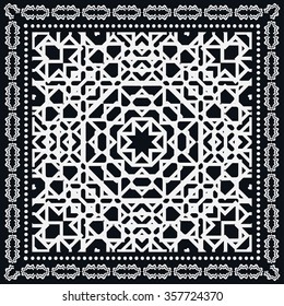 Abstract graphic background, square pattern with geometric ornament. Bandanna shawl fabric print, silk neck scarf or kerchief design, black and white vector illustration.