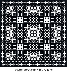 Abstract graphic background, square pattern with geometric ornament. Bandanna shawl fabric print, silk neck scarf or kerchief design, black and white vector illustration.