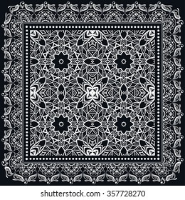 Abstract graphic background, square pattern with geometric ornament. Bandanna shawl fabric print, silk neck scarf or kerchief design, black and white vector illustration.