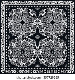 Abstract graphic background, square pattern with geometric ornament. Bandanna shawl fabric print, silk neck scarf or kerchief design, black and white vector illustration.