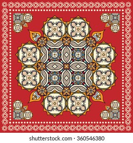 Abstract graphic background, square pattern with Mandala geometric ornament. Bandanna shawl fabric print, silk neck scarf or kerchief design, vector illustration.