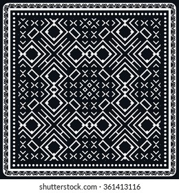 Abstract graphic background, square pattern with geometric ornament. Bandanna shawl fabric print, silk neck scarf or kerchief design, vector illustration. Black and white