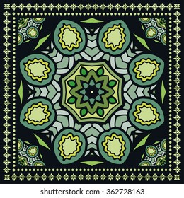 Abstract graphic background, square pattern with Mandala geometric ornament. Bandanna shawl fabric print, silk neck scarf or kerchief design, vector illustration.