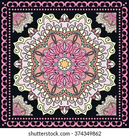 Abstract graphic background, square pattern with Mandala geometric ornament. Bandanna shawl fabric print, silk neck scarf or kerchief design, vector illustration.