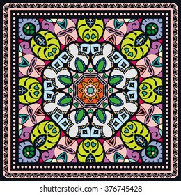 Abstract graphic background, square pattern with Mandala geometric ornament. Bandanna shawl fabric print, silk neck scarf or kerchief design, vector illustration.