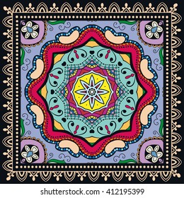 Abstract graphic background, square pattern with Mandala geometric ornament. Bandanna shawl fabric print, silk neck scarf or kerchief design, vector illustration.