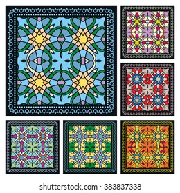 Abstract graphic backgrounds set, square geometric patterns with frame, tribal ethnic ornament. Bandanna shawl fabric print, silk neck scarf or kerchief design, vector illustration. 