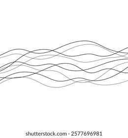 Abstract graphic black and white background of various wavy lines, hand-drawn on white, vector. An element for a banner, label, or background with space for text. Modern dynamic line drawing