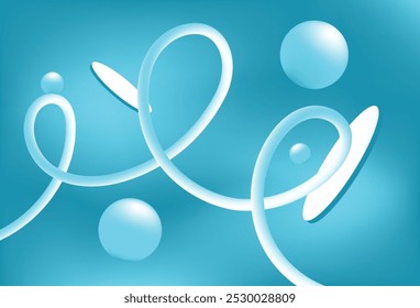 Abstract graphic with blue background, white lines, curves, and spheres, symbolizing modern design and fluid shapes.