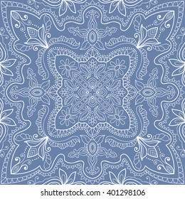 Abstract graphic blue and white background, seamless lace pattern, repeating floral geometric texture. Tribal ethnic ornament, hand drawn doodle sketch vector illustration. 