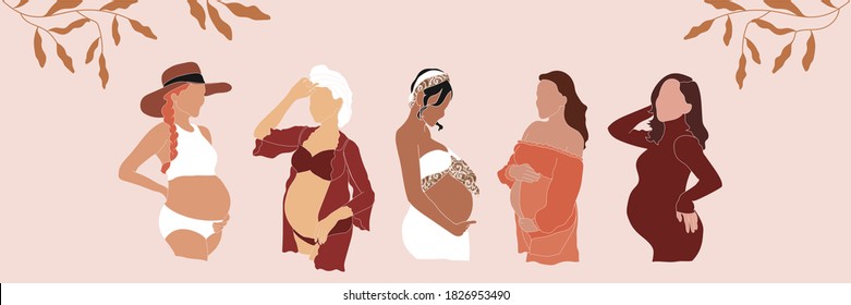 Abstract Graphic Bundle, modern art about pregnancy and motherhood - mother concept. Background in minimalistic style. Vector illustration. Create branding, packaging, printing, social media content