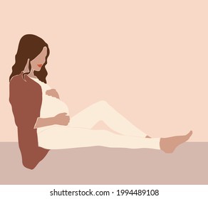 Abstract Graphic Bundle, modern art about pregnancy and motherhood - mother concept. Poster with a beautiful young pregnant woman with long hair.