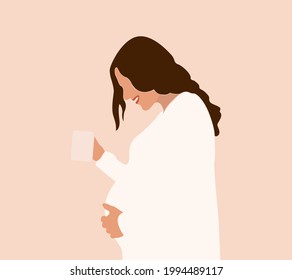 Abstract Graphic Bundle, modern art about pregnancy and motherhood - mother concept. Poster with a beautiful young pregnant woman with long hair.