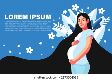 Abstract Graphic Bundle, modern art about pregnancy and motherhood - mother concept. Poster with a beautiful young pregnant woman with long black hair on the blue background. Woman in white clothing. 