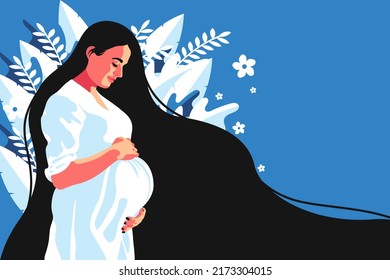 Abstract Graphic Bundle, modern art about pregnancy and motherhood - mother concept. Poster with a beautiful young pregnant woman with long black hair on the blue background. Woman in white clothing. 