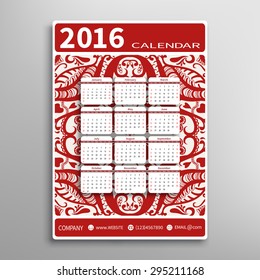 Abstract graphic Calendar 2016 year design, doodle cartoon sketch pattern, English Sunday start.
