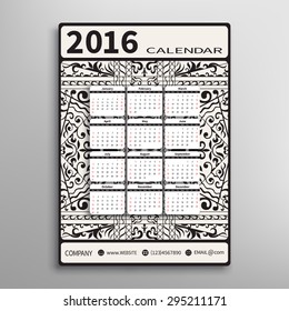 Abstract graphic Calendar 2016 year design, doodle cartoon sketch pattern, English Sunday start.