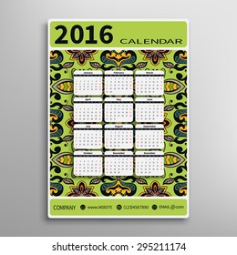 Abstract graphic Calendar 2016 year design, doodle cartoon sketch pattern, English Sunday start.