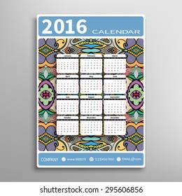 Abstract graphic Calendar 2016 year design, doodle cartoon sketch pattern, English Sunday start.