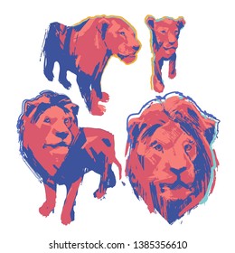 Abstract graphic collection of four isolated lions, male, female and cub. Vector illustration drawn in the technique of rough brush