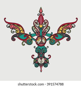 Abstract graphic color ornament. Vector ornamental floral element for design isolated on the grey background. Abstract decorative pattern. Hand drawn art. Design element for tattoo, prints or t-shirt