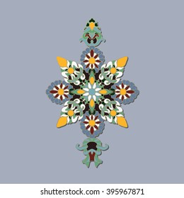 Abstract graphic color ornament. Vector ornamental floral element for design isolated on the grey background. Abstract decorative pattern. Hand drawn art. Design element for tattoo, prints or t-shirt.