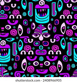 Abstract graphic colored faces seamless pattern. Ancient Inca mask. hand drawing. Not AI . Vector illustration