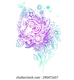 Abstract graphic colored tiger. Engraving sketch. Abstract vector tiger in the flowers. Print for t-shirt. Wild things.