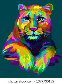 Abstract, graphic, colorful in neon colors artistic portrait of a lioness on a dark green background.