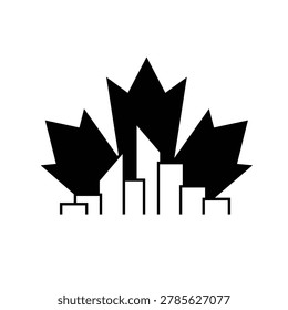 Abstract graphic combines a black maple leaf with a white city skyline in negative space, symbolizing Canadian urban development and business.