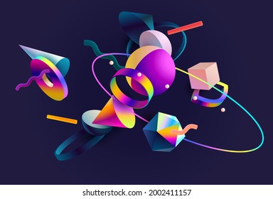 Abstrakte grafische Zusammensetzung von 3D geometrischen Formen. Neon abstraktes Design.