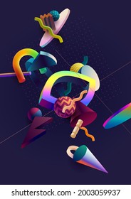 Abstract graphic composition of 3D geometric shapes. Neon abstract design.