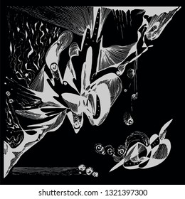 Abstract graphic composition with textural elements and curved lines. hand-drawn grayscale vector illustration
