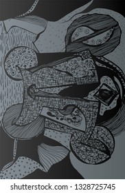 Abstract graphic composition  with textural elements. hand-drawn vector illustration in gray colors