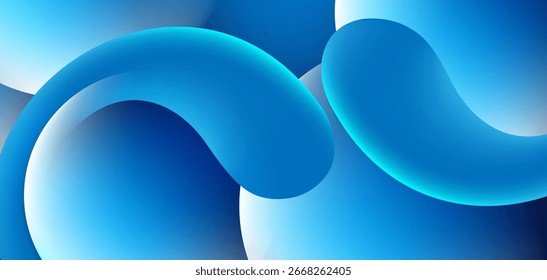 The abstract graphic consists of large, curved circles, light blue to dark blue, fading from white to blue in various areas to create depth and flow. The background is a dark blue tone.
