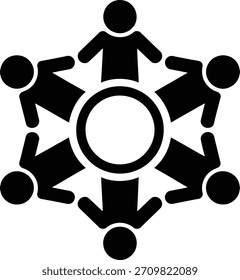 Un gráfico abstracto que representa un círculo de personas estilizadas que se toman de las manos alrededor de un espacio vacío central, simbolizando el trabajo en equipo, la unidad y la colaboración entre individuos o grupos.