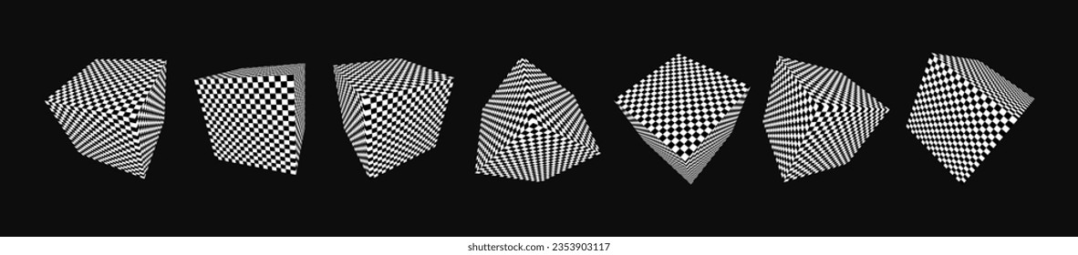 Abstract Graphic Design 3D Cubes with Checkered Texture. Abstract Chess Boxes. Trendy Y2K Geometric Shapes Set. Brutalist Design Elements. Vector Illustration.