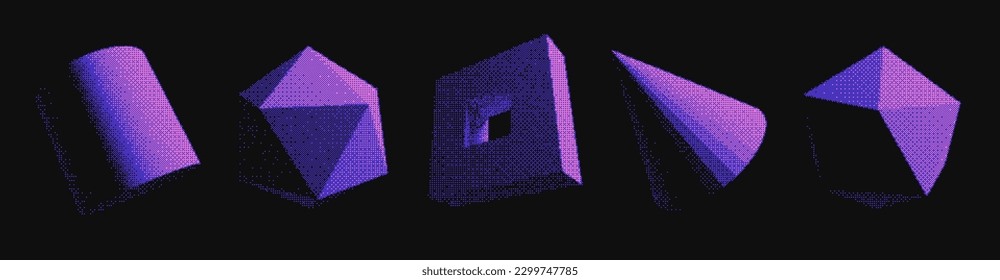 Abstract Graphic Design 3D Forms Elements. Trendy Shapes Sphere, Torus, Cube with Bitmap Raster Dithering Effect. Y2K Geometric Shapes. Brutalist Design. Vector Dither Gradient Effect.