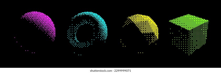 Abstract Graphic Design 3D Forms Elements. Trendy Shapes Sphere, Torus, Cube with Bitmap Raster Dithering Effect. Y2K Geometric Shapes. Brutalist Design. Vector Dither Gradient Effect.