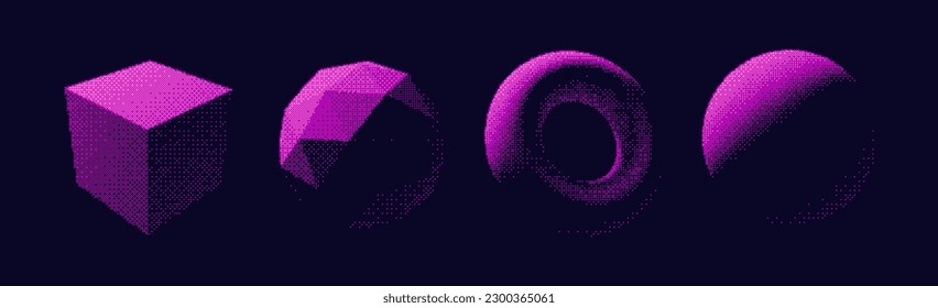 Abstract Graphic Design 3D Forms Elements. Trendy Shapes Sphere, Torus, Cube with Bitmap Raster Dithering Effect. Y2K Geometric Shapes. Brutalist Design. Vector Dither Gradient Effect.