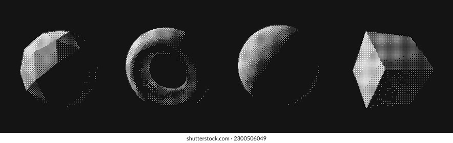 Abstract Graphic Design 3D Forms Elements. Trendy Shapes Sphere, Torus, Cube with Bitmap Raster Dithering Effect. Y2K Geometric Shapes. Brutalist Design. Vector Dither Gradient Effect.