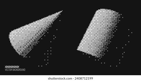 Abstract Graphic Design 3D Forms Elements. Trendy Shapes Cone and Cylinder with Bitmap Raster Dithering Effect. Y2K Geometric Shapes. Brutalist Design. Vector Dither Gradient Effect.