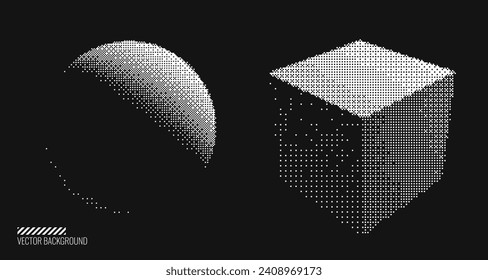 Abstract Graphic Design 3D Forms Elements. Trendy Shapes Sphere and Cube with Bitmap Raster Dithering Effect. Y2K Geometric Shapes. Brutalist Design. Vector Dither Gradient Effect.