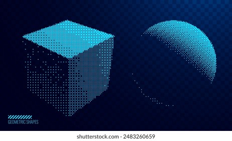 Abstract Graphic Design 3D Forms Elements. Blue Shapes Sphere and Cube with Bitmap Raster Dithering Effect. Y2K Geometric Shapes. Brutalist Design. Vector Dither Gradient Effect.