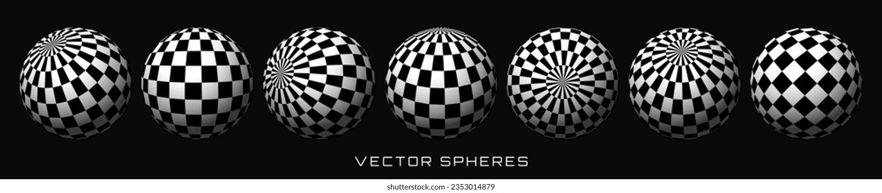 Abstract Graphic Design 3D Spheres with Checkered Texture. Chess Balls. Trendy Y2K Geometric Shapes Set. Brutalist Design Elements. Vector Illustration.